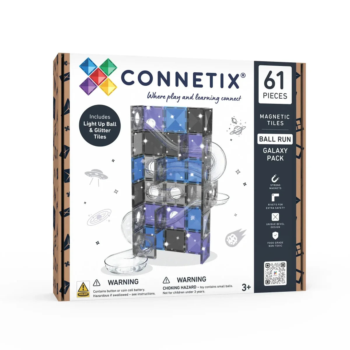 Connetix Ball Run Galaxy Pack 61 Stk. Verpackung mit Kugelbahn in Blau, Violett und Schwarz