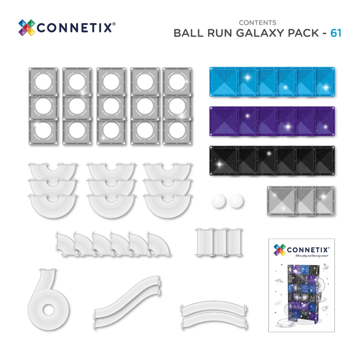 Lieferumfang des Connetix Ball Run Galaxy Pack mit 61 Teilen in der Übersicht