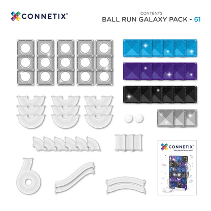 Lieferumfang des Connetix Ball Run Galaxy Pack mit 61 Teilen in der Übersicht