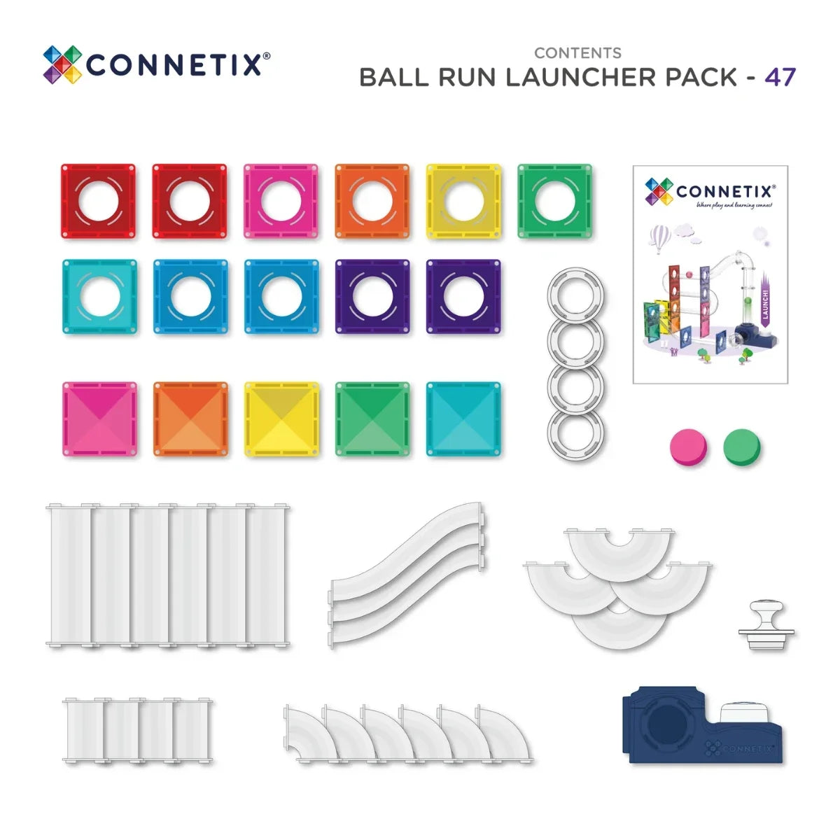 Lieferumfang des Connetix Ball Run Launcher Pack mit 47 Teilen in der Übersicht