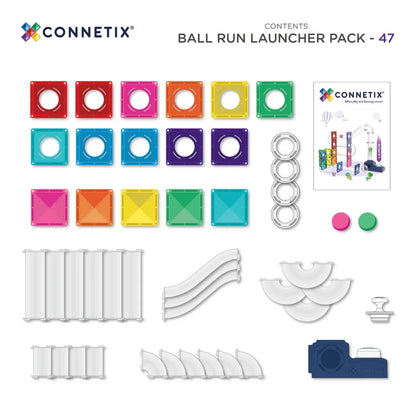 Lieferumfang des Connetix Ball Run Launcher Pack mit 47 Teilen in der Übersicht
