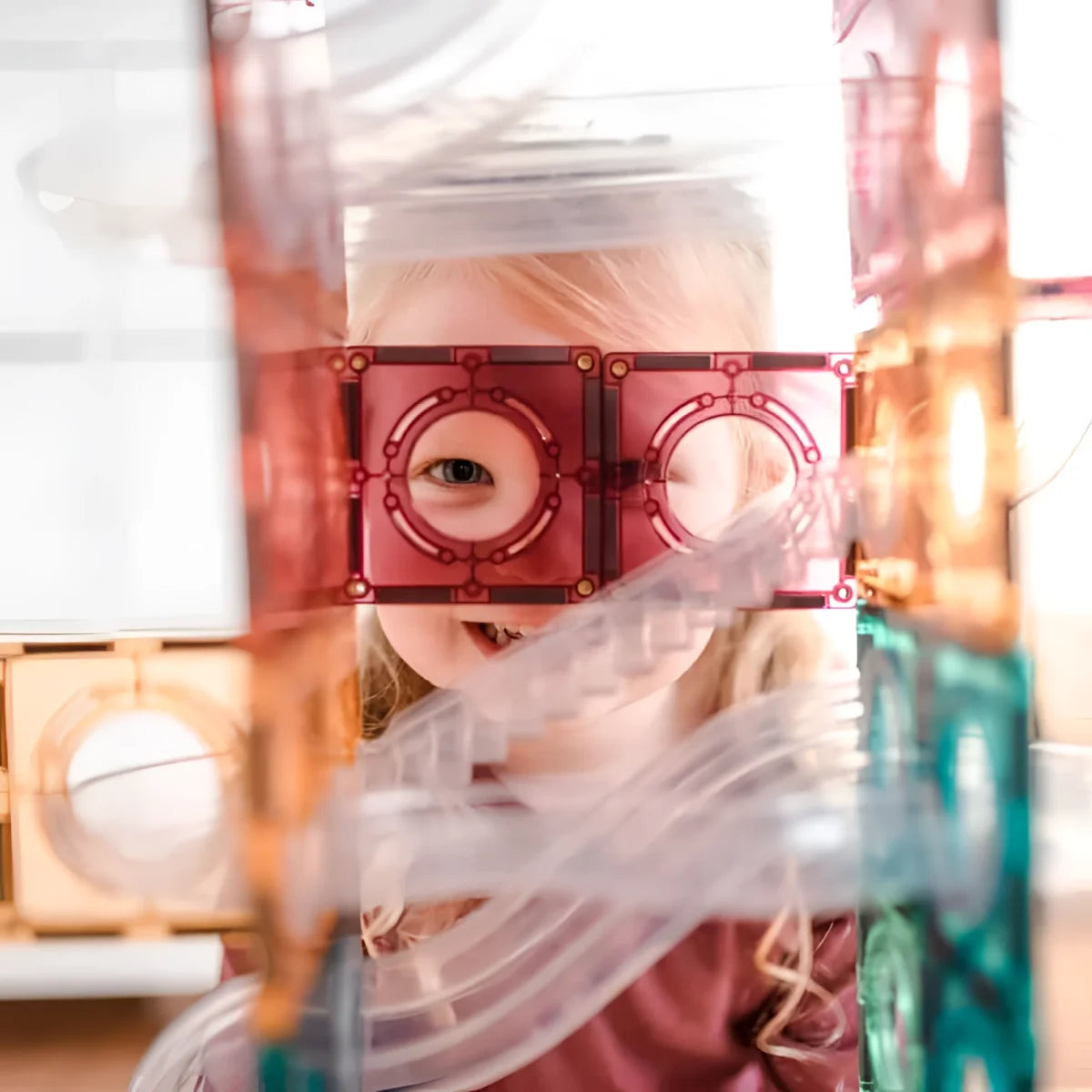 Bunte Kunststoffbausteine mit runden Öffnungen, teilweise von weißem Material verdeckt