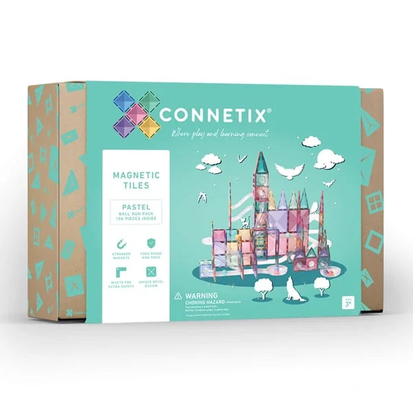 Kasten mit Connetix Magnetkacheln in Pastellfarben und Burgen-Design auf der Verpackung