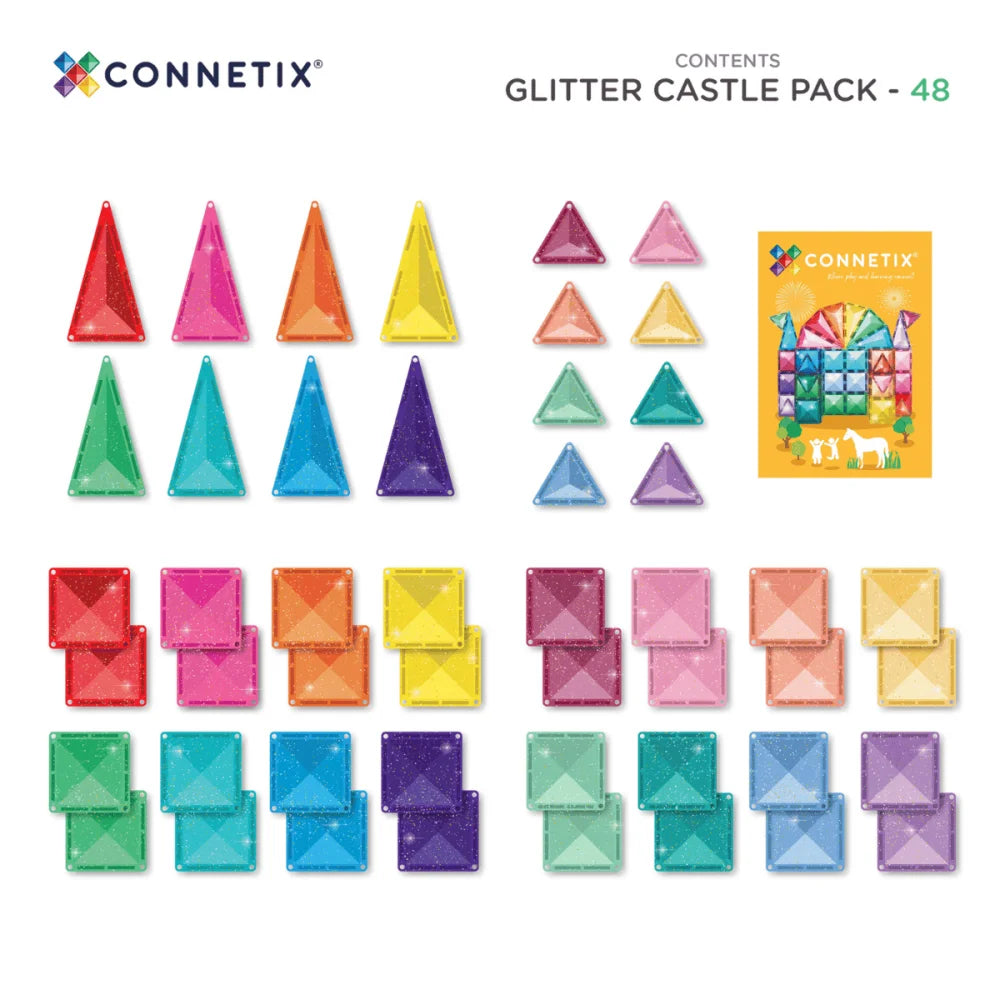 Bunte, glitzernde Magnetbausteine in verschiedenen Formen für das Glitter Castle Pack