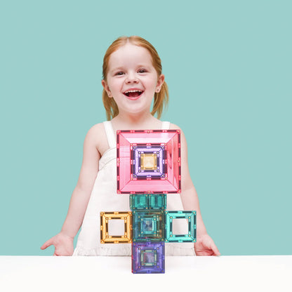 Colorful transparent magnetic building blocks arranged in a stacked pattern from magnetbausteine pastel portal pack 48 stk