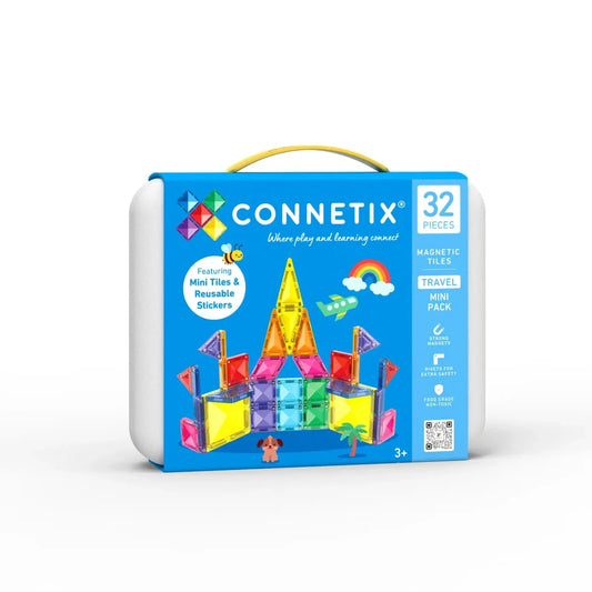 Connetix Travel Mini Pack 32 Stk. Magnetbausteine in der blauen Verpackung mit Tragegriff