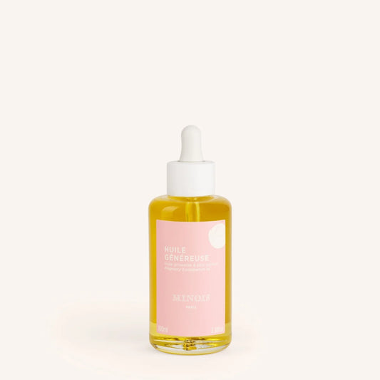 Eine klare glasflasche mit weißem tropfverschluss gefüllt mit goldgelbem huile généreuse öl von aromy mama oil 100 ml