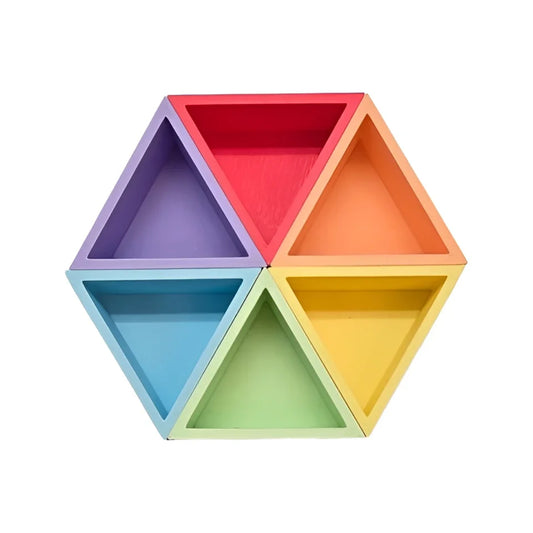 Mandigo dreieck-schälchen pastell holzregal sechseck mit sechs bunten dreieckigen fächern in regenbogenfarben