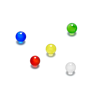 Fünf transparente Cuboro Kugeln aus hochwertigem Glas in Blau, Grün, Gelb, Rot und Klar