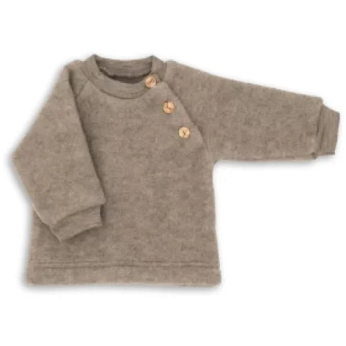 Weicher heather-grauer Merino-Fleece-Pulli mit drei Holzknöpfen, Walnuss Melange