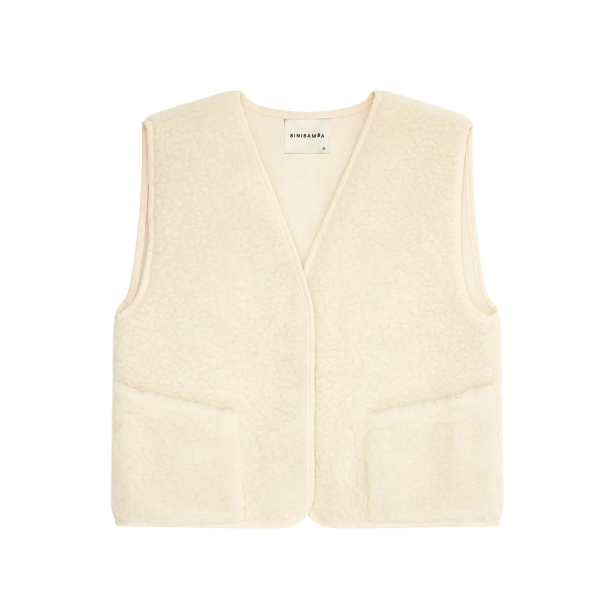 Creamfarbener merino mama gilet aus weicher wolle mit v-ausschnitt und zwei fronttaschen nachhaltige babykleidung schweiz
