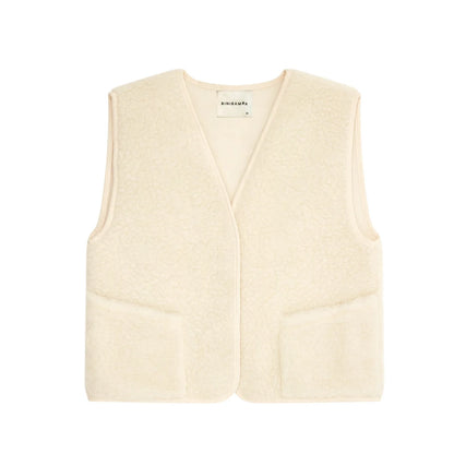 Creamfarbener merino mama gilet aus weicher wolle mit v-ausschnitt und zwei fronttaschen nachhaltige babykleidung schweiz