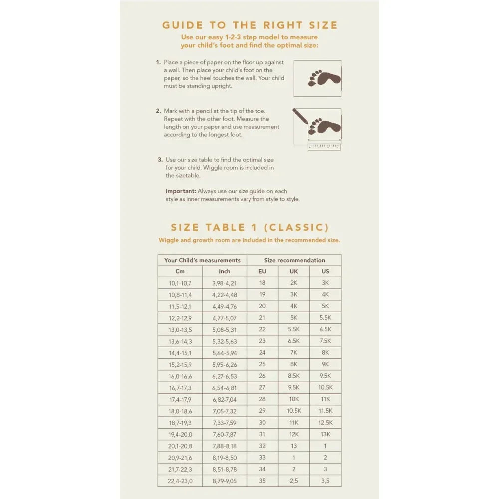 Kinder-Schuhgrößentabelle für Mingus Boot Chestnut, perfekt für passende Fußgrößen