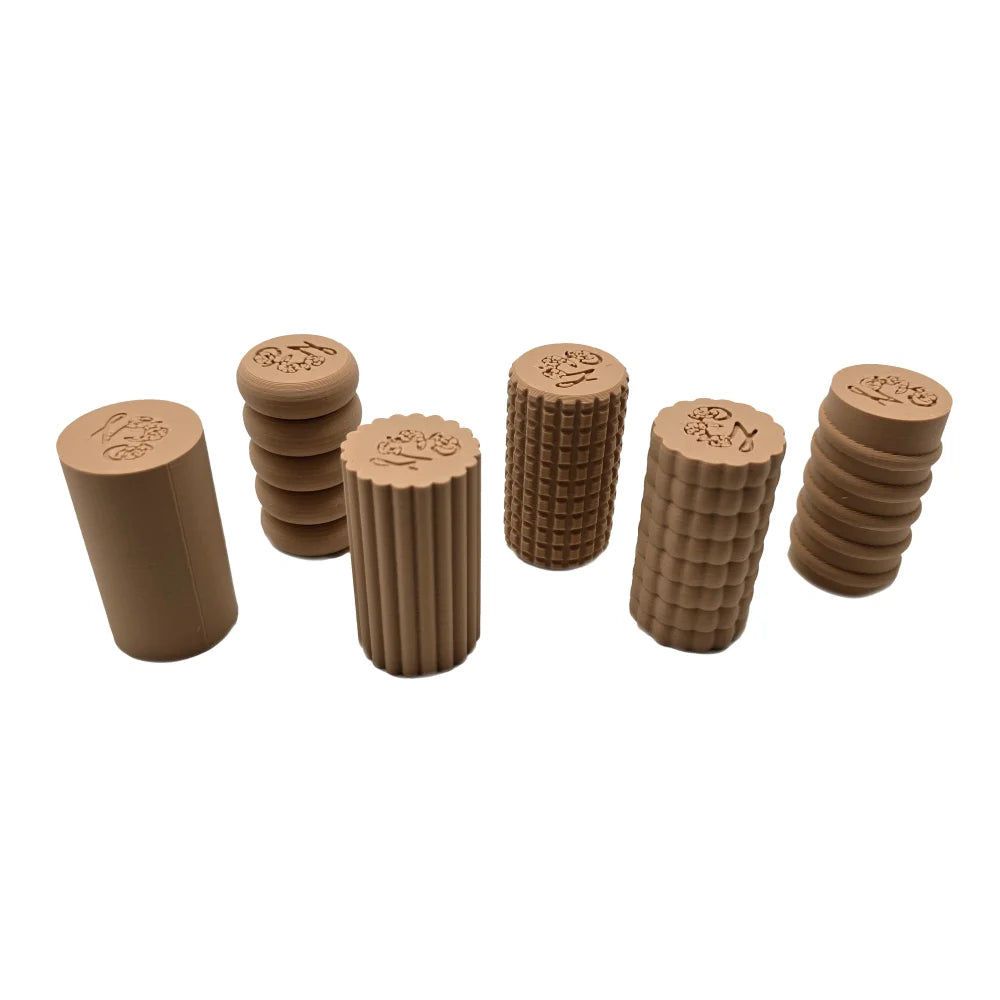 Mini-Roller-Set mit sechs zylindrischen Holz-Massagerollen mit unterschiedlichen Texturen