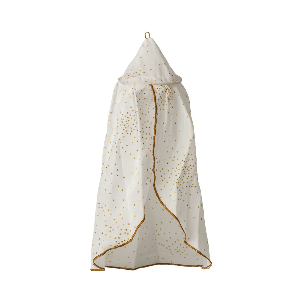Weißer canopy mit goldenen polka dots und goldbesetztem fransenrand für babys krippe nachhaltig und ökologisch