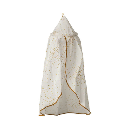 Weißer canopy mit goldenen polka dots und goldbesetztem fransenrand für babys krippe nachhaltig und ökologisch