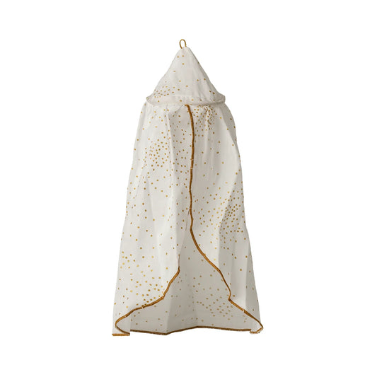 Weißer canopy mit goldenen polka dots und goldbesetztem fransenrand für babys krippe nachhaltig und ökologisch