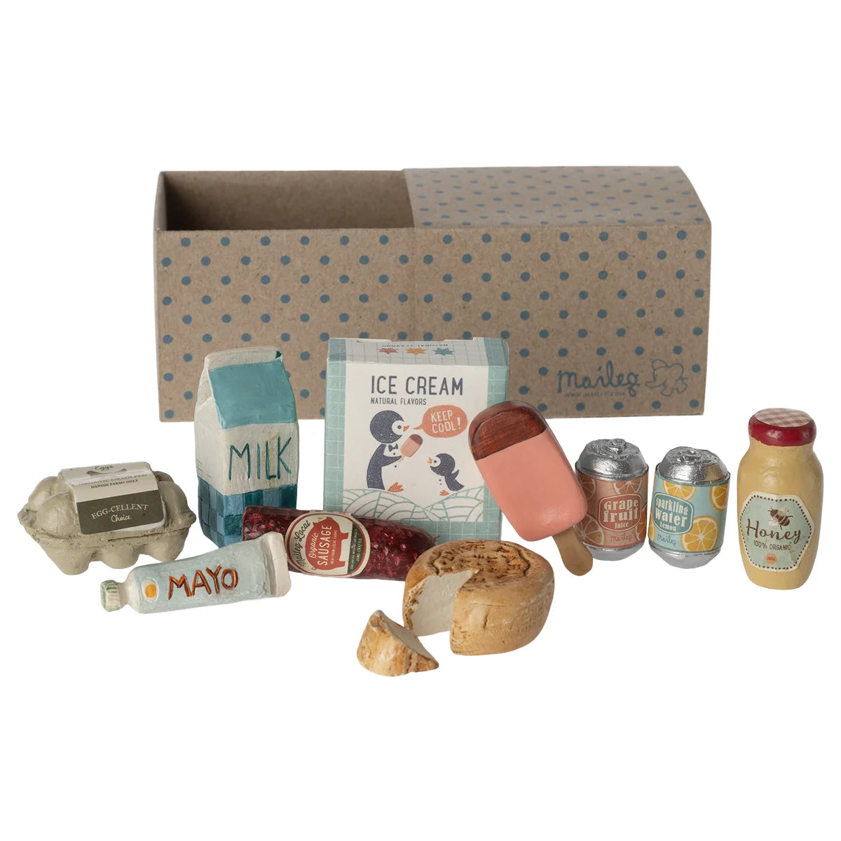 Miniatur-Einkaufsbox mit pink-braunem Pinguin-Eis am Stiel