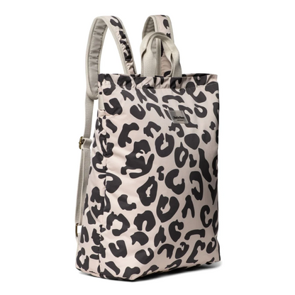 Leopard-print canvas backpack with adjustable straps from Mom Rucksack Puffy by Holy Cow