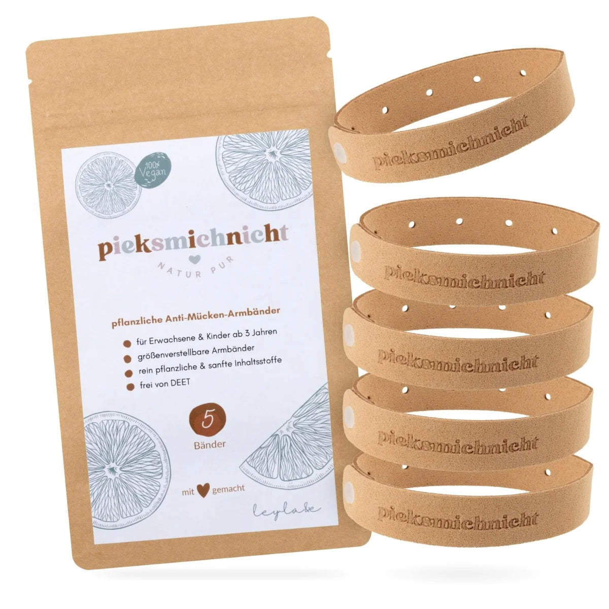 Fünf coole Kids Club Mückenschutz-Armbänder aus pflanzlichem Leder mit Piksmichnicht