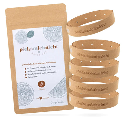 Fünf coole Kids Club Mückenschutz-Armbänder aus pflanzlichem Leder mit Piksmichnicht