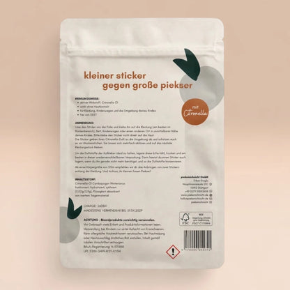 Rückseite der pieksmichnicht Verpackung mit Anwendung, Wirkungsweise und Sicherheitshinweisen
