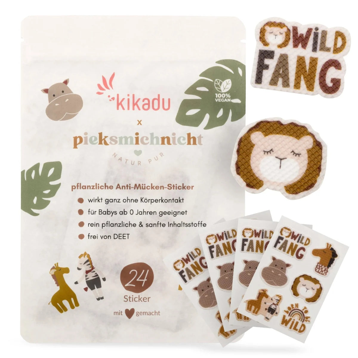 Mückenschutz Kikadu Special Edition: 24 vegane Anti-Mücken-Sticker mit niedlichen Tieren