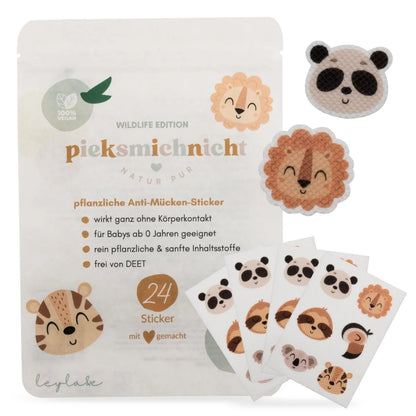 Mückenschutz Sticker WILDLIFE Edition: 24 vegane Anti-Juckreiz-Sticker mit Pandas und Löwen