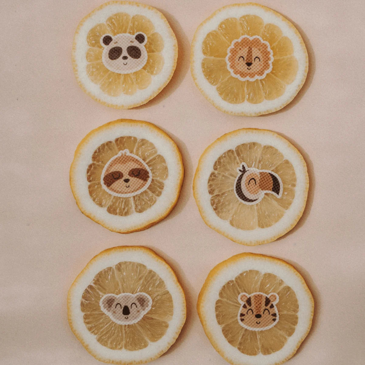 Süße runde Zitronenscheiben-Coaster mit Wildlife-Tiergesichtern