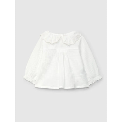 Weiße Langarm-Babybluse mit gerafftem Kragen, Muslin mit besticktem Rüschkragen