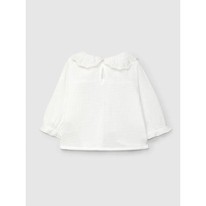 Weiße langärmlige Bluse mit Rüschenkragen und Manschetten, Muslinbluse mit Stickerei