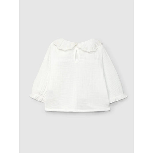 Weiße langärmlige Bluse mit Rüschenkragen und Manschetten, Muslinbluse mit Stickerei