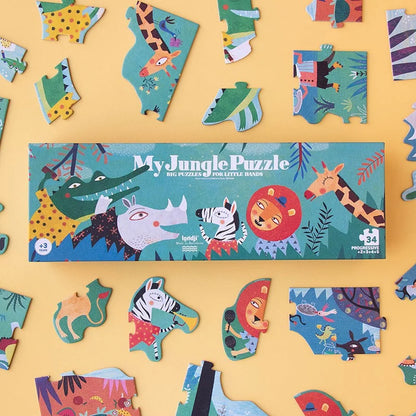 Mein Dschungel-Puzzle: Bunte cartoon-Tiere auf türkis-blauer Oberfläche