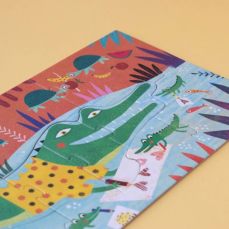 Bunter Kinderpuzzle Mein Dschungel mit grünem Krokodil im gelb gepunkteten Kleid