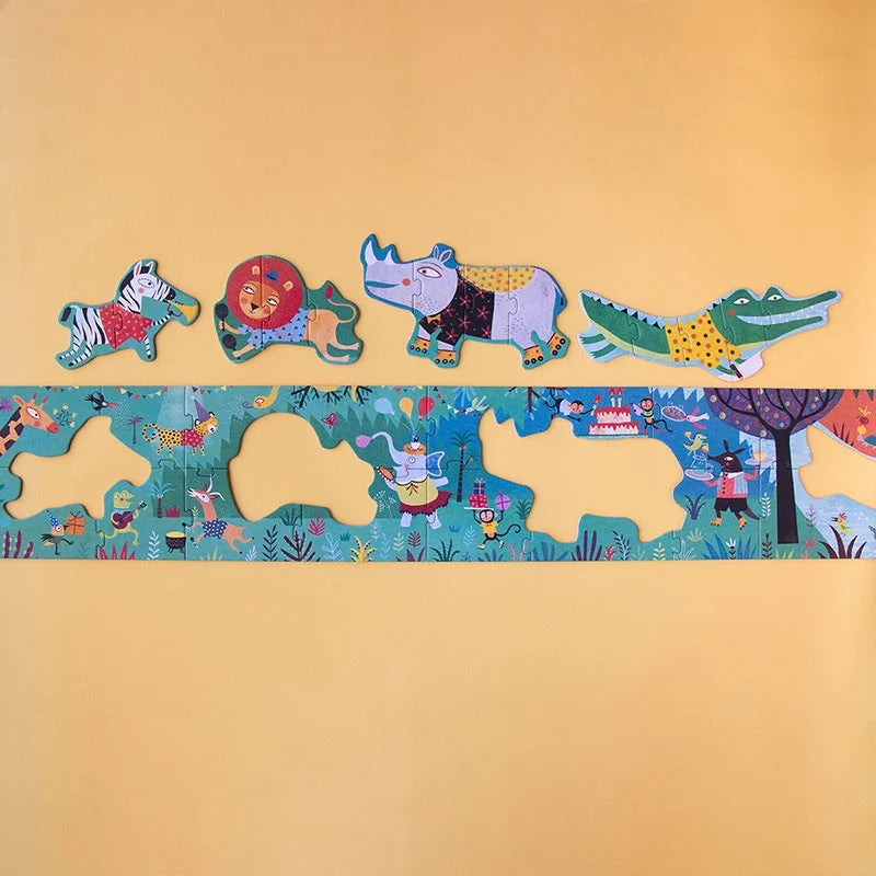 Bunter illustriertes Puzzle mit Tierfiguren und Dschungelbasis für My Jungle Puzzle