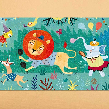 Bunter Kinderpuzzle My Jungle Puzzle mit Löwe in Party-Outfit