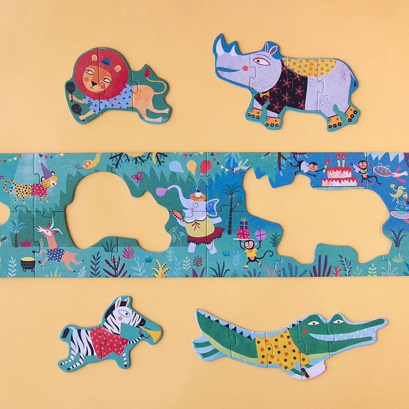 Bunte Tierpuzzle-Teile mit Cartoon-Löwen, Nashörnern, Zebras und Krokodilen im My Jungle Puzzle