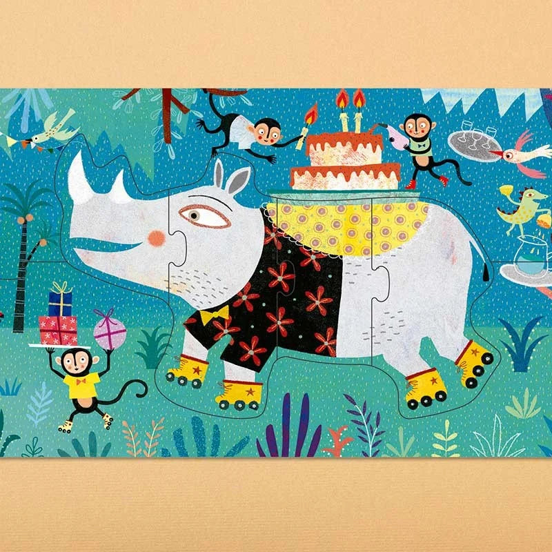 Verspieltes Rhino auf Rollschuhen im Dschungel-Puzzle My Jungle Puzzle