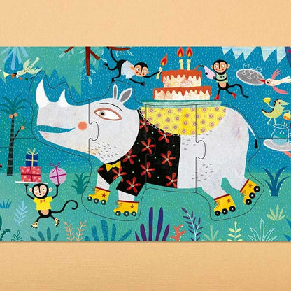 Verspieltes Rhino auf Rollschuhen im Dschungel-Puzzle My Jungle Puzzle