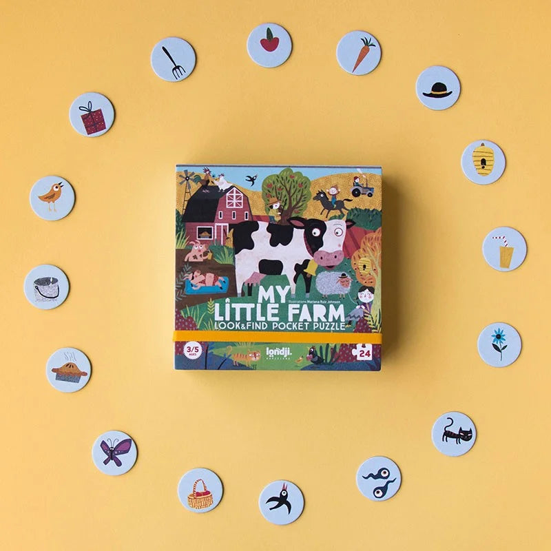 Bunte My Little Farm Pocket Puzzle Box mit Kuh und Bauerszenen