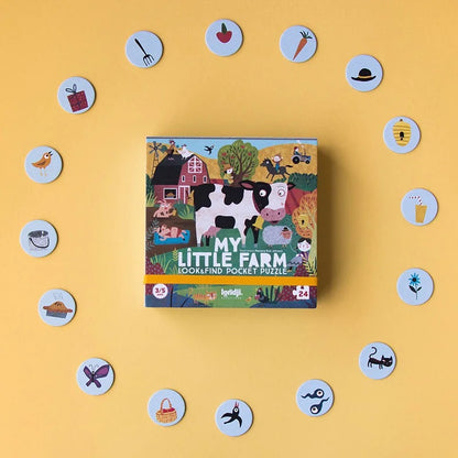 Bunte My Little Farm Pocket Puzzle Box mit Kuh und Bauerszenen