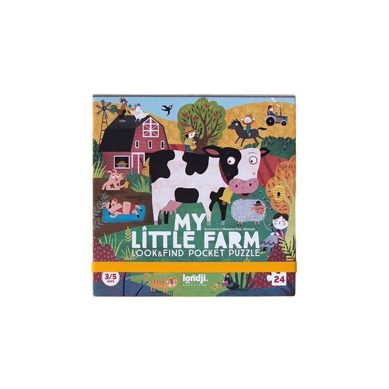 Bunte Verpackung des My Little Farm Pocket Puzzles mit Kuh und Tieren