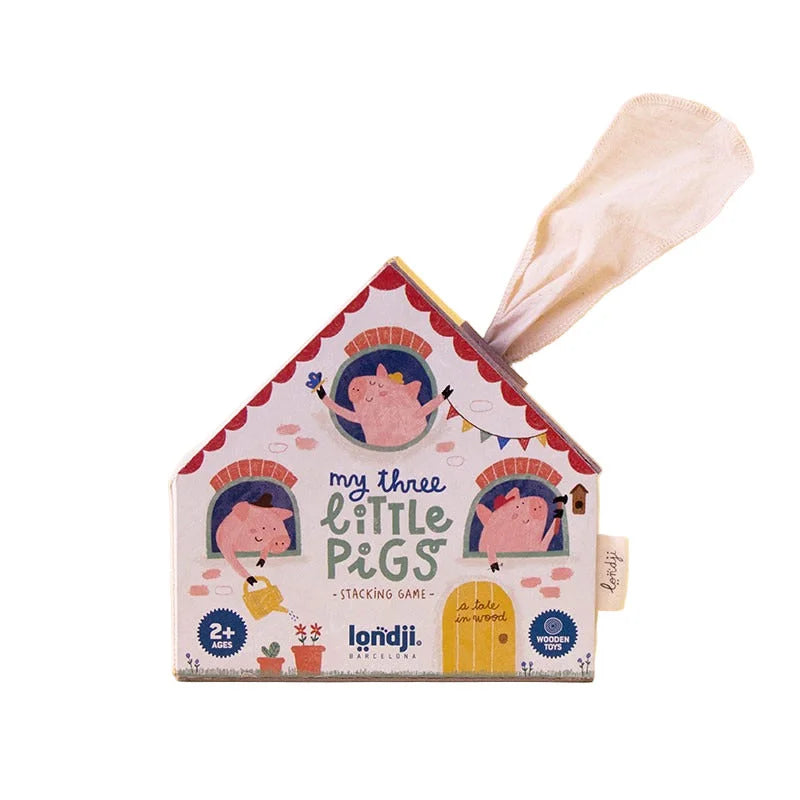 Niedliches Haus-Stapelspiel mit drei rosa Schweinchen aus Pappe für My Three Little Pigs