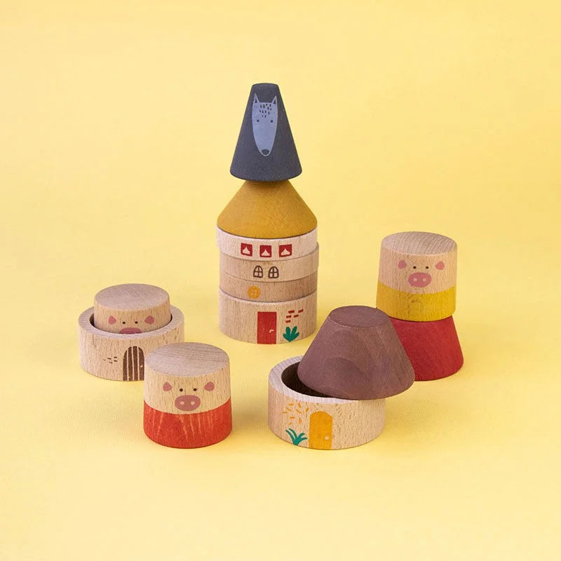 Bunter Holz-Stapelturm My Three Little Pigs mit bemalten Tierfiguren und Wolf-Spitze