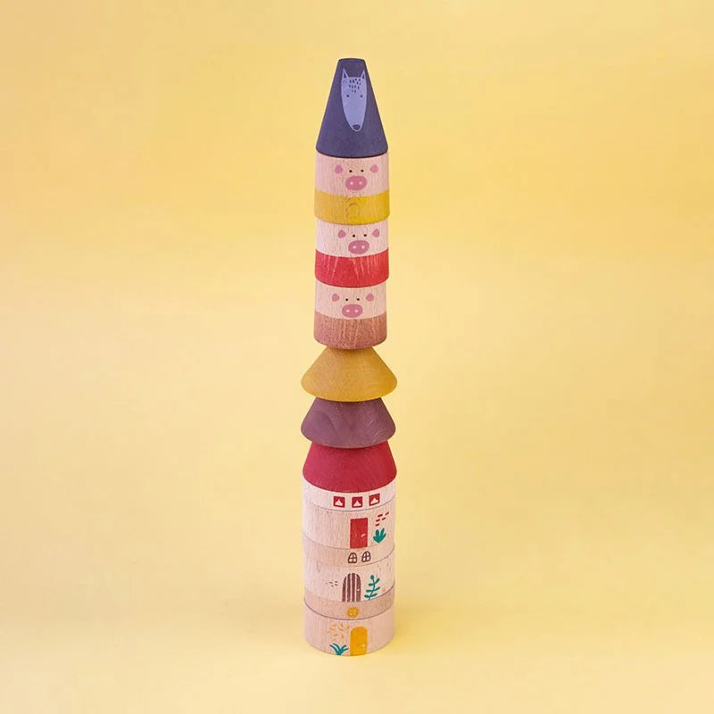 Bunter Holz-Turm mit Schweinchen-Gesichtern und Burg-Design für Mein Drei Kleine Schweinchen