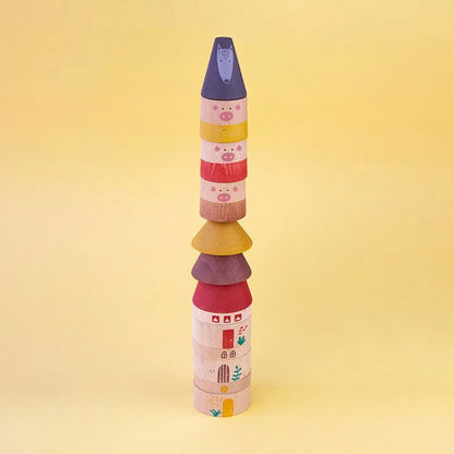 Bunter Holz-Turm mit Schweinchen-Gesichtern und Burg-Design für Mein Drei Kleine Schweinchen