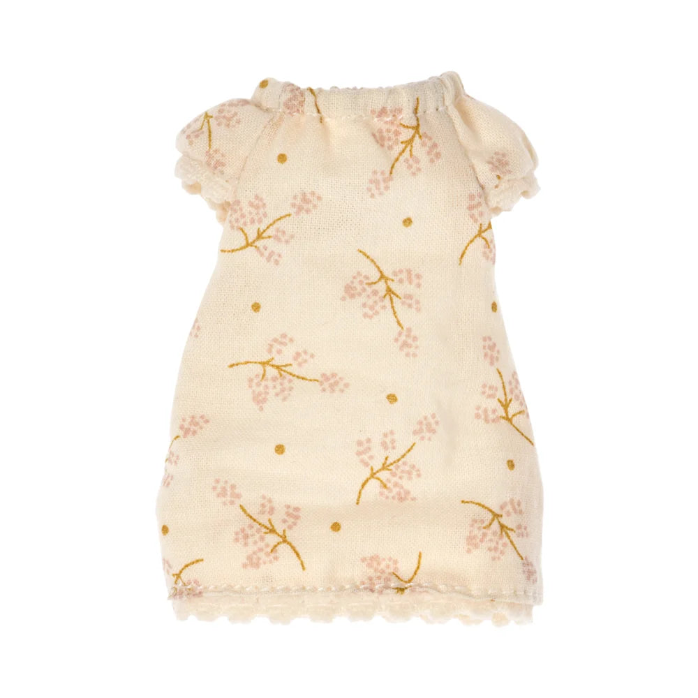 Zartes cremefarbenes Puppenkleid mit rosa Blumenstickerei und Goldpunkten