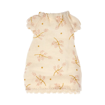 Zartes cremefarbenes Puppenkleid mit rosa Blumenstickerei und Goldpunkten