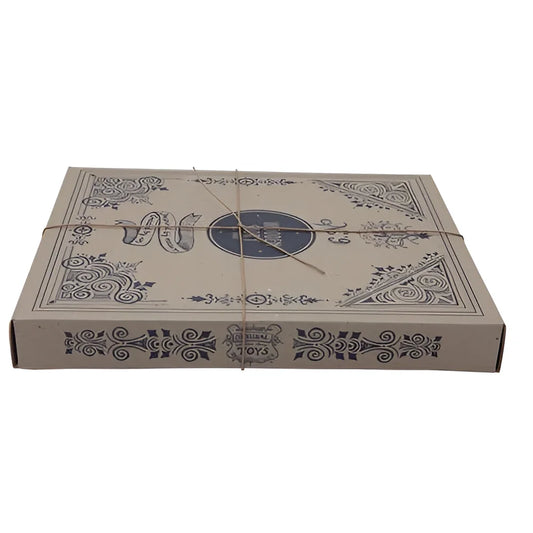 Rechteckige braune pappschachtel natural blocks in tray 54 stk mit blauen mustern und naturbindung, ideal für nachhaltige babykleidung schweiz und ökologische baby- & kinderprodukte