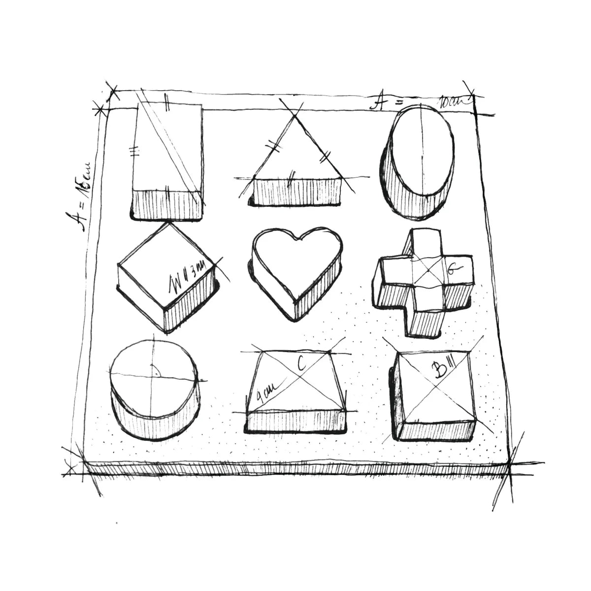 Handgezeichnetes skizzenbild des natural shape puzzle boards mit beschrifteten geometrischen formen für ökologische baby- & kinderprodukte